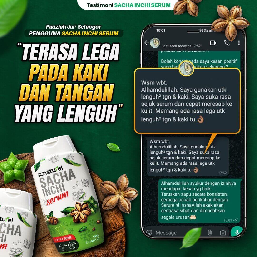 Testimoni whatsapp dari pelanggan serum sacha inchi aunaturel rasa lega untuk lenguh-lenguh tangan dan kaki